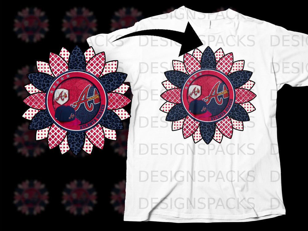 Atlanta Braves sunflower design with baseball cap on white t-shirt.
