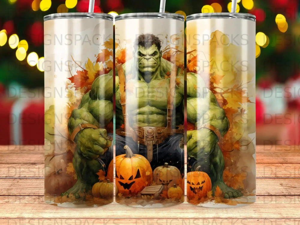 Hulk sits among pumpkins and autumn leaves.