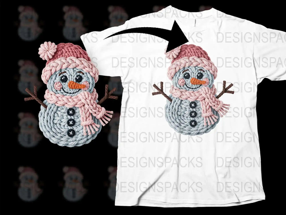Cute Snowman T-Shirt, Winter Themed Apparel, Cozy Knitted Style Snowman, Pink Hat, Unique Holiday Gift Idea