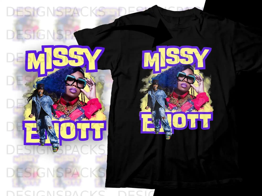 Black t-shirt with graphic of Missy Elliott, yellow background.