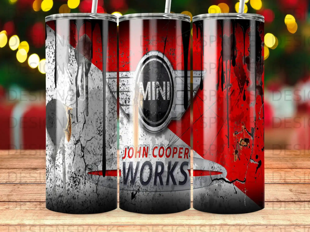 Mini John Cooper Works logo on distressed red and black background.