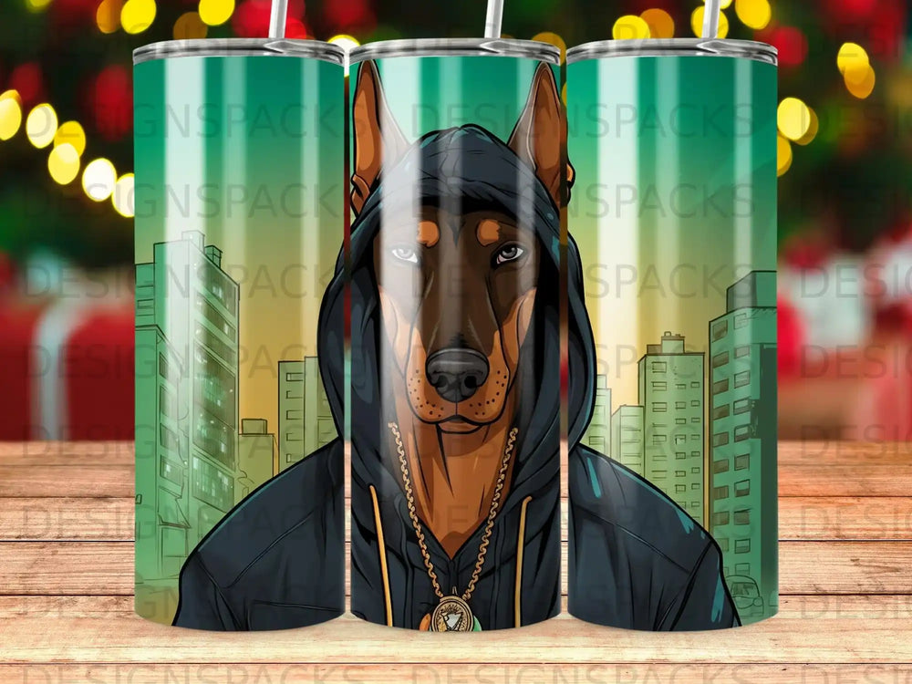 Doberman Pinscher wearing a hoodie and necklace, with city buildings in the background.