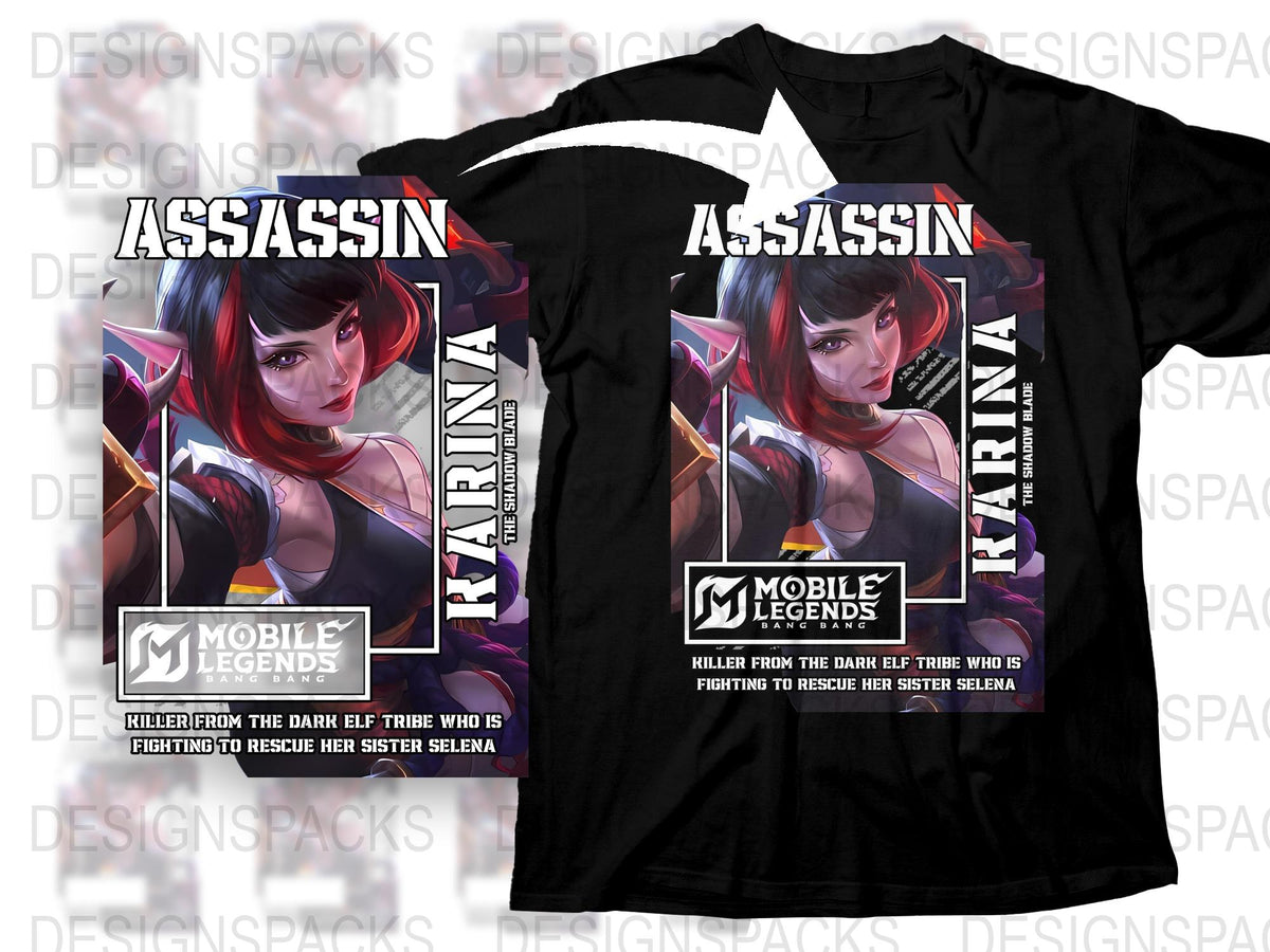 Mobile Legends Assassin Graphic T-Shirt, Karina Hero Design, Gamer Apparel, Unisex Black Tee, Gift for Video Game Fans