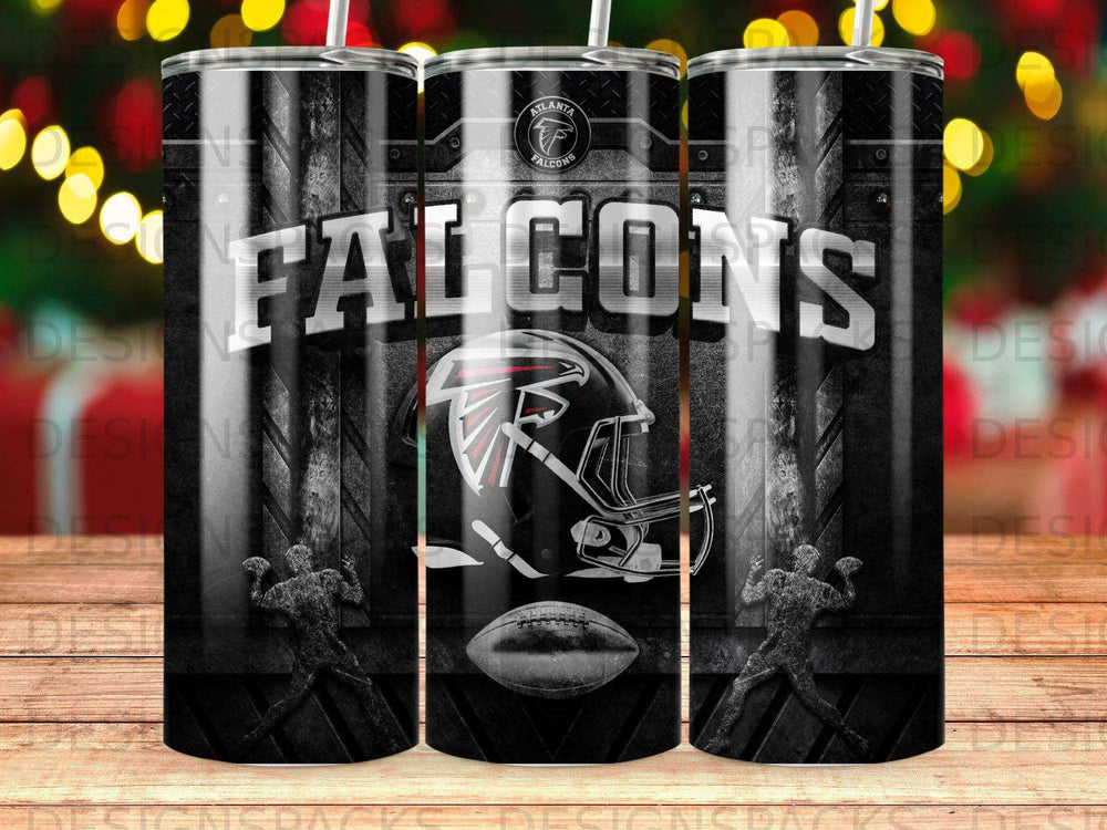 Atlanta Falcons helmet and football logo on a tumbler.
