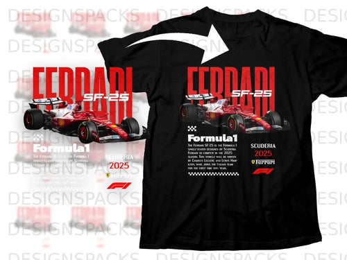Ferrari SF-25 Formula 1 car on a black t-shirt.