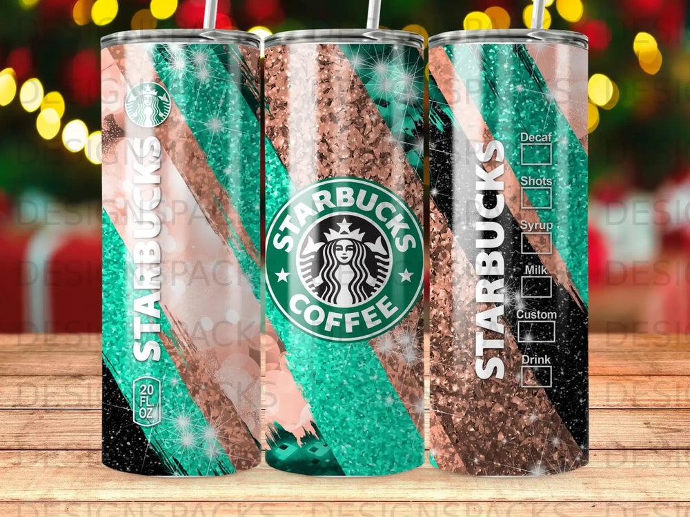 Starbucks tumbler with glitter and coffee-themed illustrations.