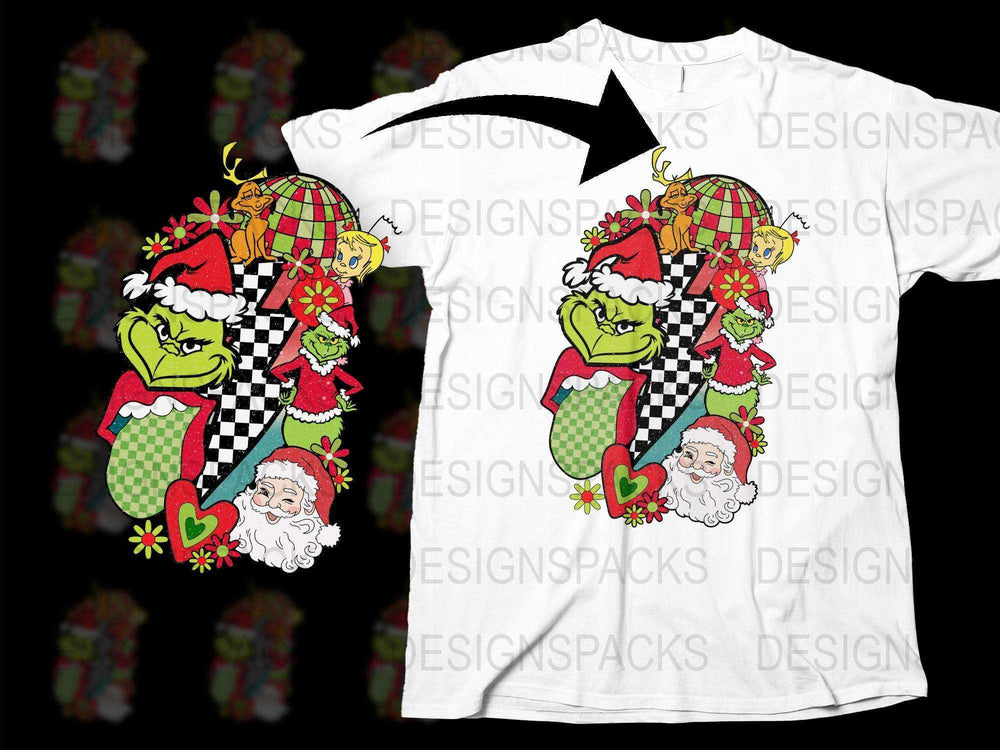 Christmas Themed T-Shirt, Grinch and Santa Graphic, Holiday Apparel, Festive Checkerboard Design