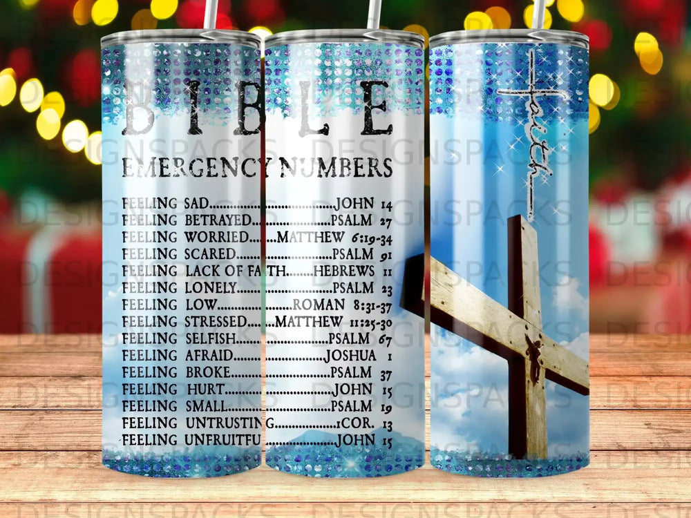 Tumbler with "BIBLE EMERGENCY NUMBERS" and Bible verses.