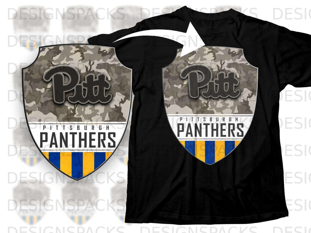 Black t-shirt with a shield logo featuring "Pitt" and "Pittsburgh Panthers" with a camouflage background.