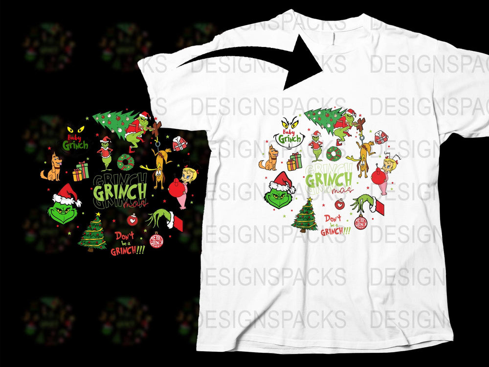 Grinch Christmas T-Shirt, Funny Holiday Tee, Whimsical Xmas Party Outfit, Unisex White Shirt with Colorful Grinch Graphics