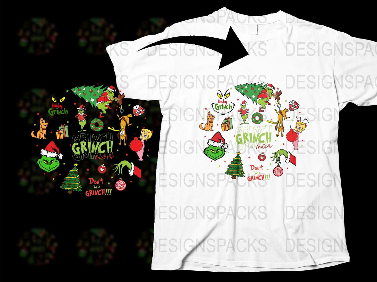 Grinch Christmas T-Shirt, Funny Holiday Tee, Whimsical Xmas Party Outfit, Unisex White Shirt with Colorful Grinch Graphics
