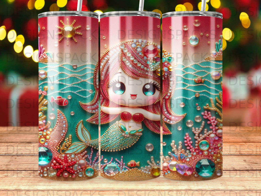 Cute mermaid with red hair and a teal tail, surrounded by ocean coral and gems.