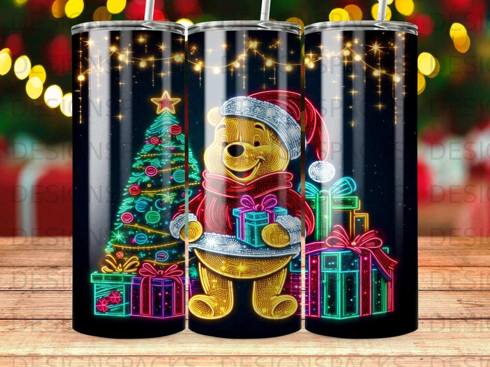 Winnie the Pooh in Santa hat holding gift next to Christmas tree and presents.