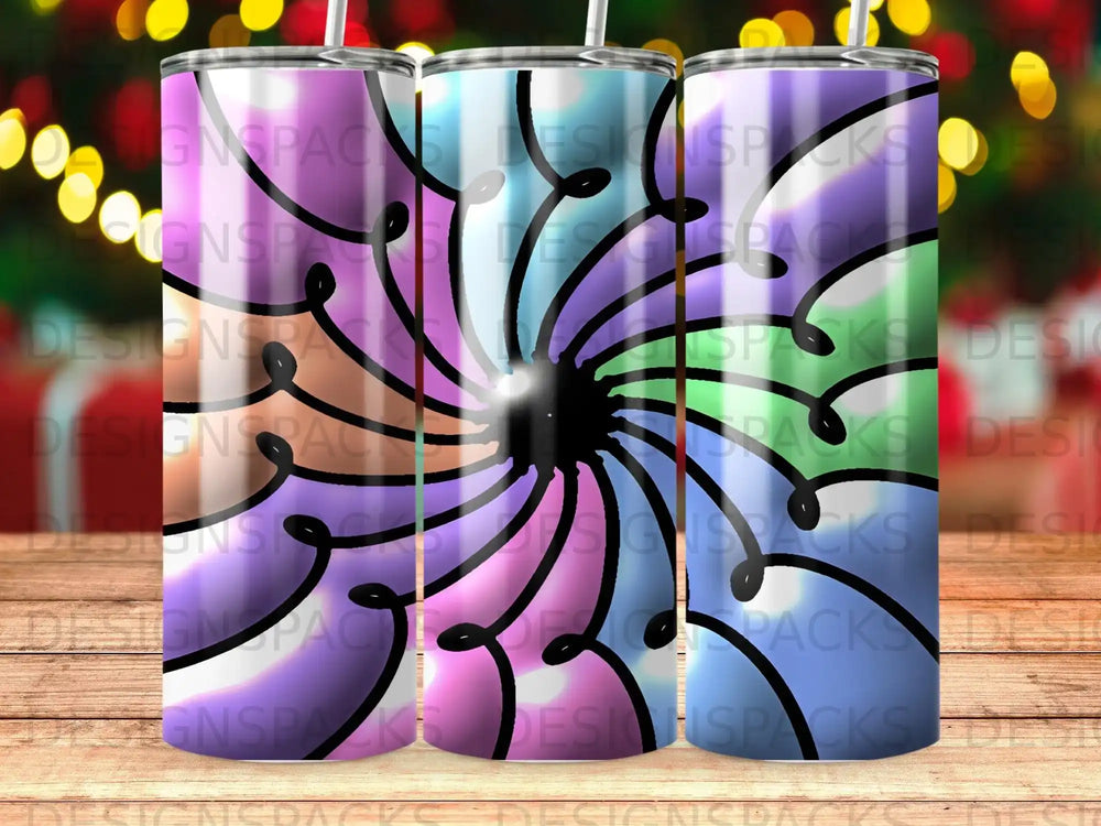 Three tumblers with a psychedelic swirl design in blue, purple, and green.