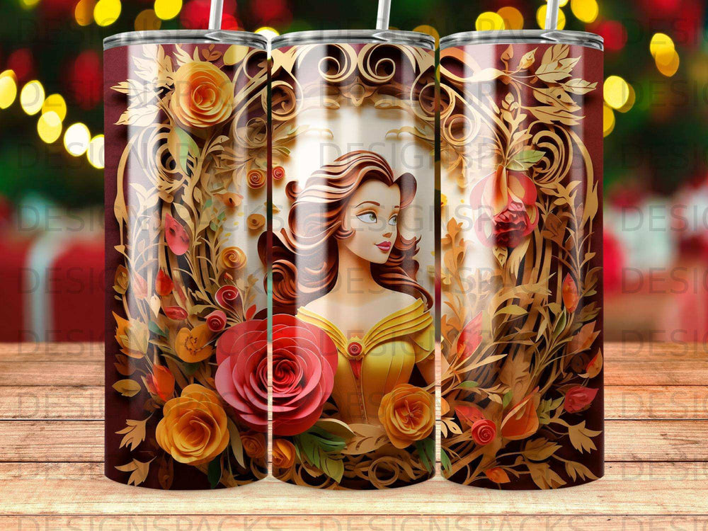Woman with flowing hair surrounded by ornate floral designs and golden leaves.
