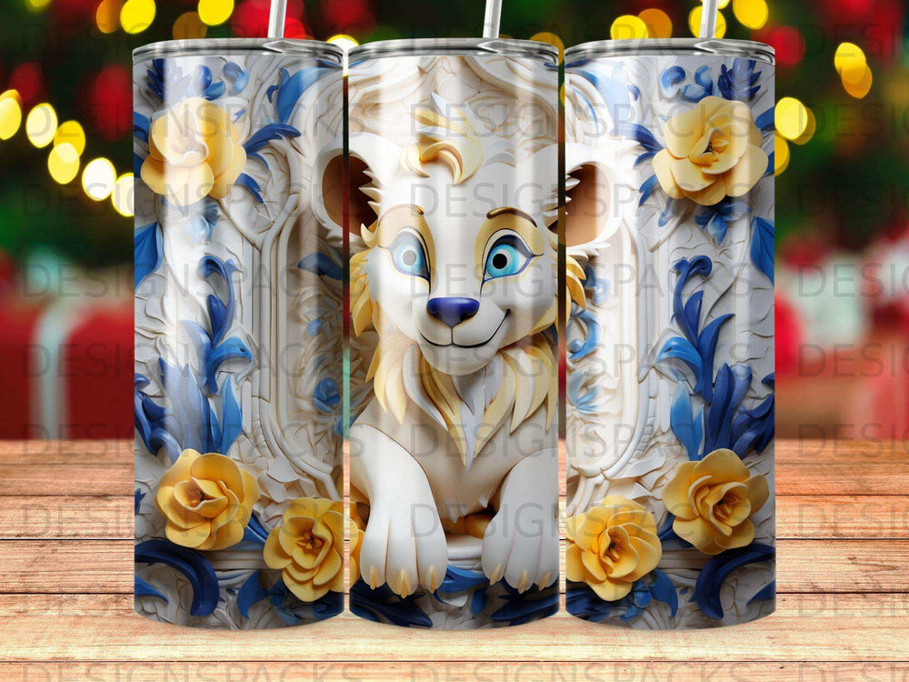 Lion cub with floral accents on a patterned tumbler.