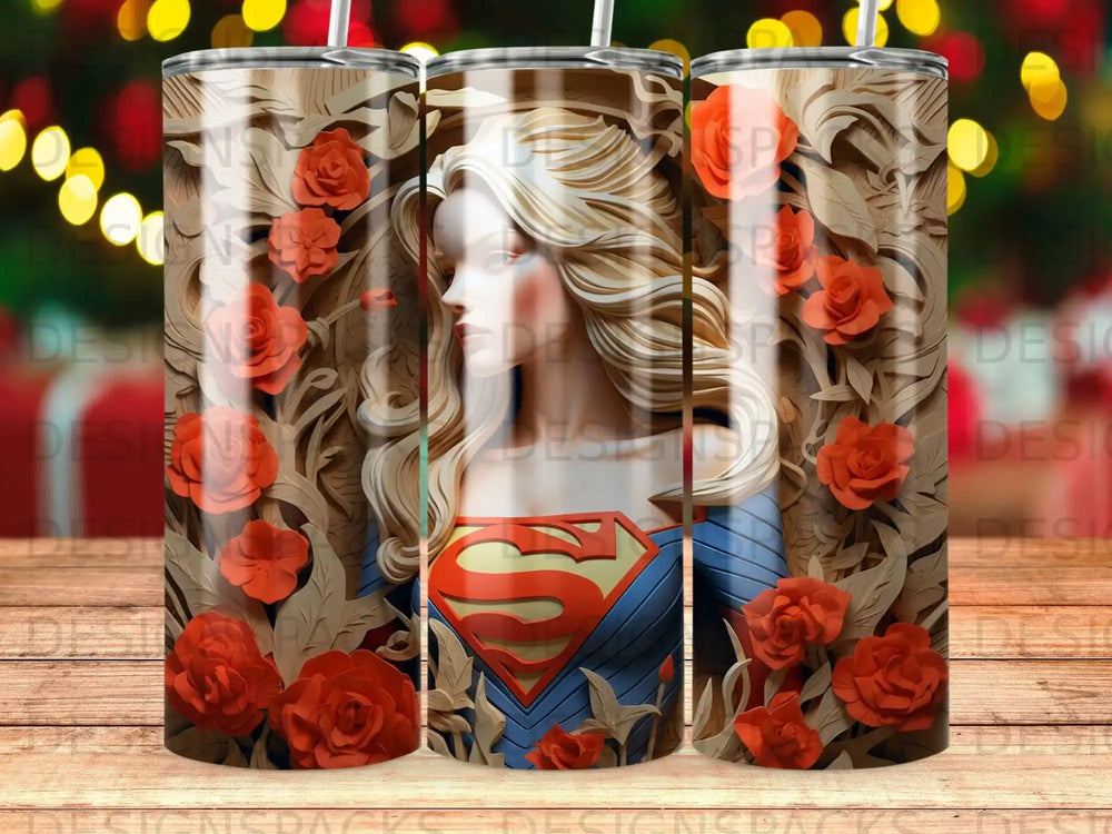 Superman woman with blonde hair surrounded by roses and wood-grain pattern.