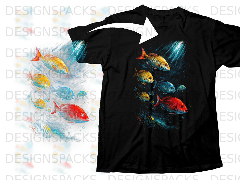Black t-shirt with colorful fish swimming in underwater light beams design.