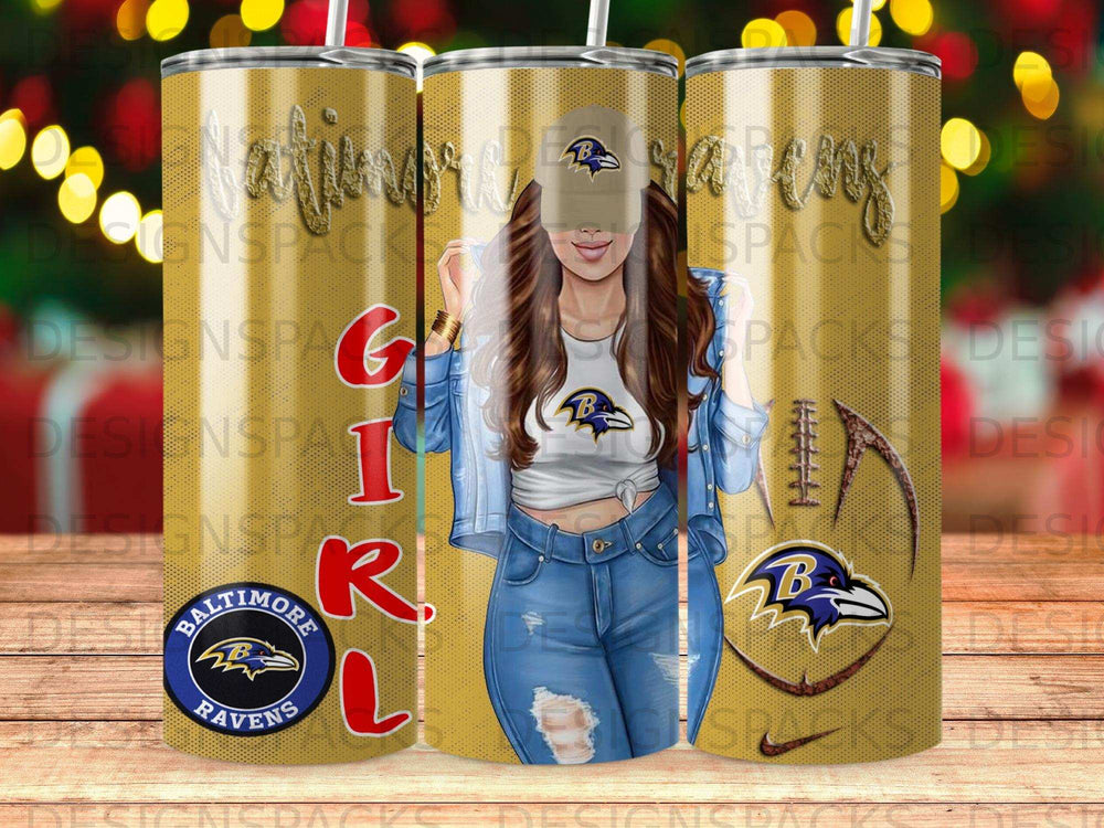 Baltimore Ravens tumbler with a woman in denim and a graphic of a football.