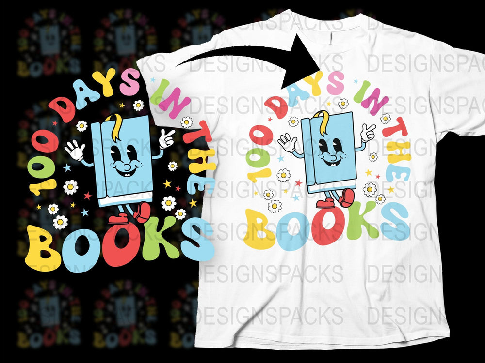 Colorful '100 Days in Books' T-Shirt, Kids Reading Celebration, Educational Graphic Tee, Book Lover Gift