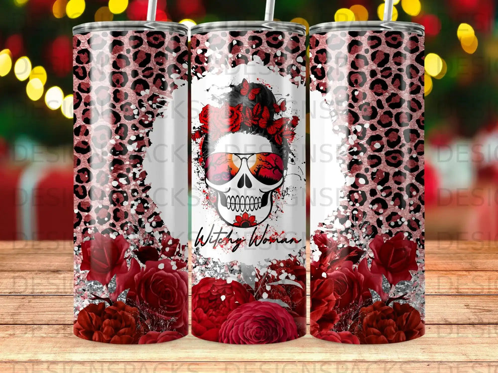 Tumbler with skull sunglasses, roses, butterflies, and "Witchy Woman" text.