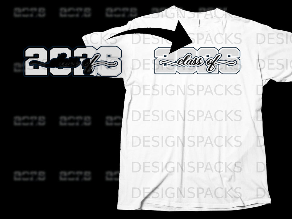 White t-shirt with "Class of 2023" graphic in dark blue and white.