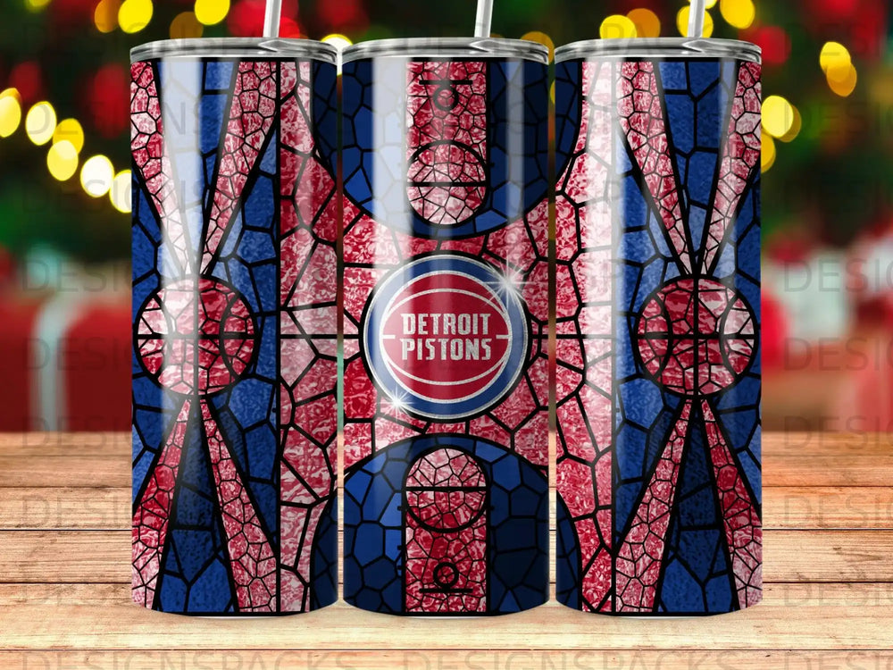 Detroit Pistons logo on a stained-glass style tumbler.