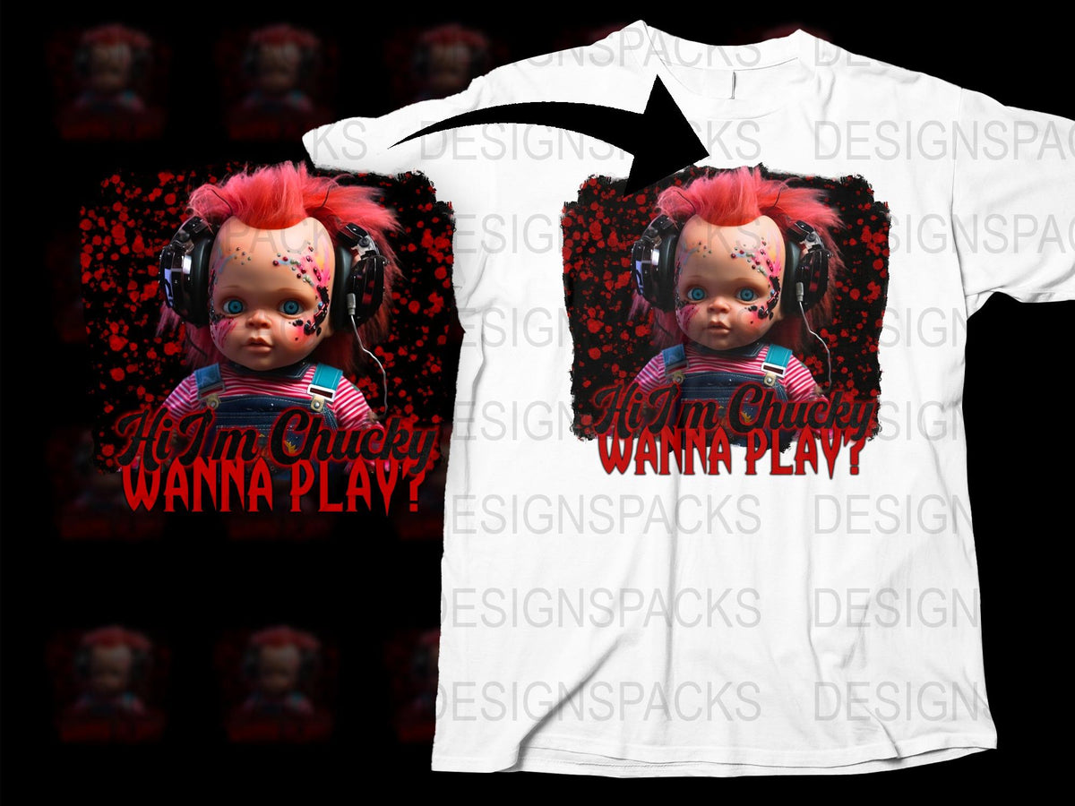 Chucky Doll Graphic T-Shirt, Horror Movie Fan Tee, Wanna Play Quote, Unique Halloween Shirt Design, Bold Red and Black Colors