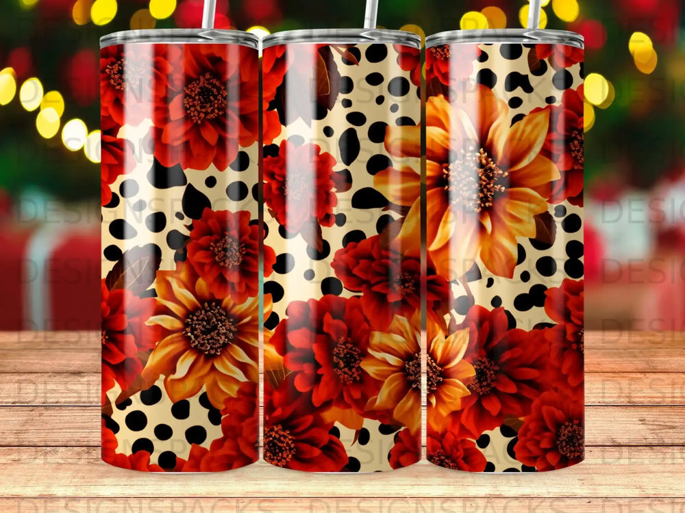 Floral pattern with red and yellow flowers on a polka dot background.
