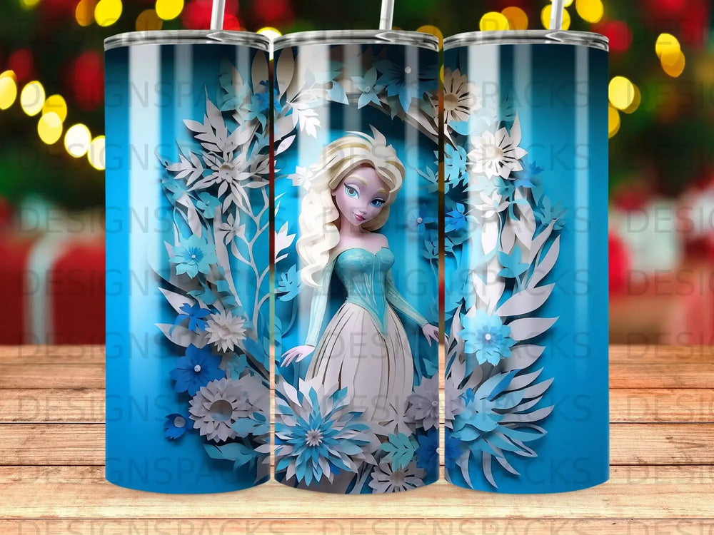 Elsa from Frozen surrounded by blue and white paper snowflakes.