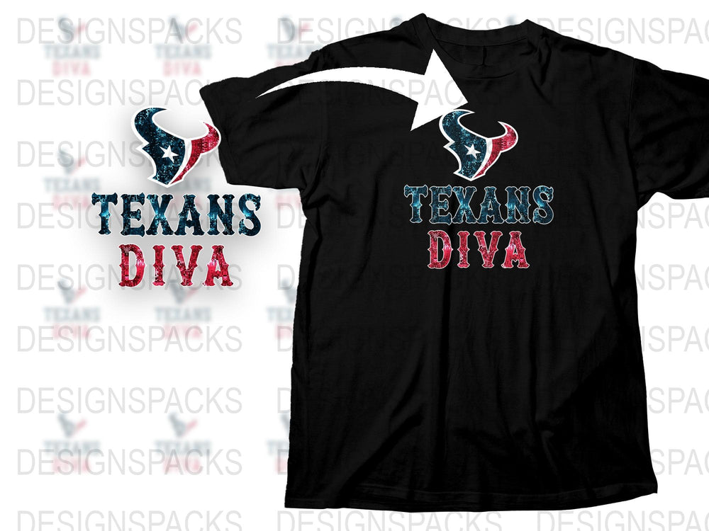 Texans Diva T-Shirt, Star Logo, Glitter Print, Black Cotton Tee, Football Fan Apparel, Women's Fashion Top