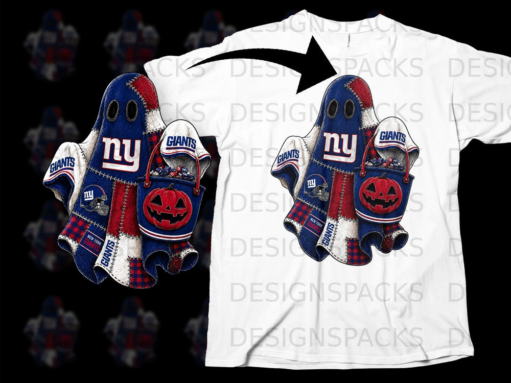 New York Giants ghost mascot holding a pumpkin bucket, stitched with team logos.