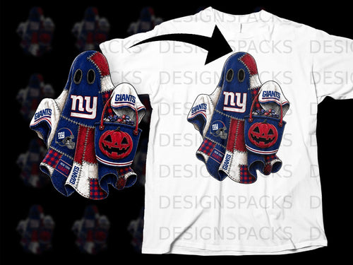 New York Giants ghost mascot holding a pumpkin bucket, stitched with team logos.