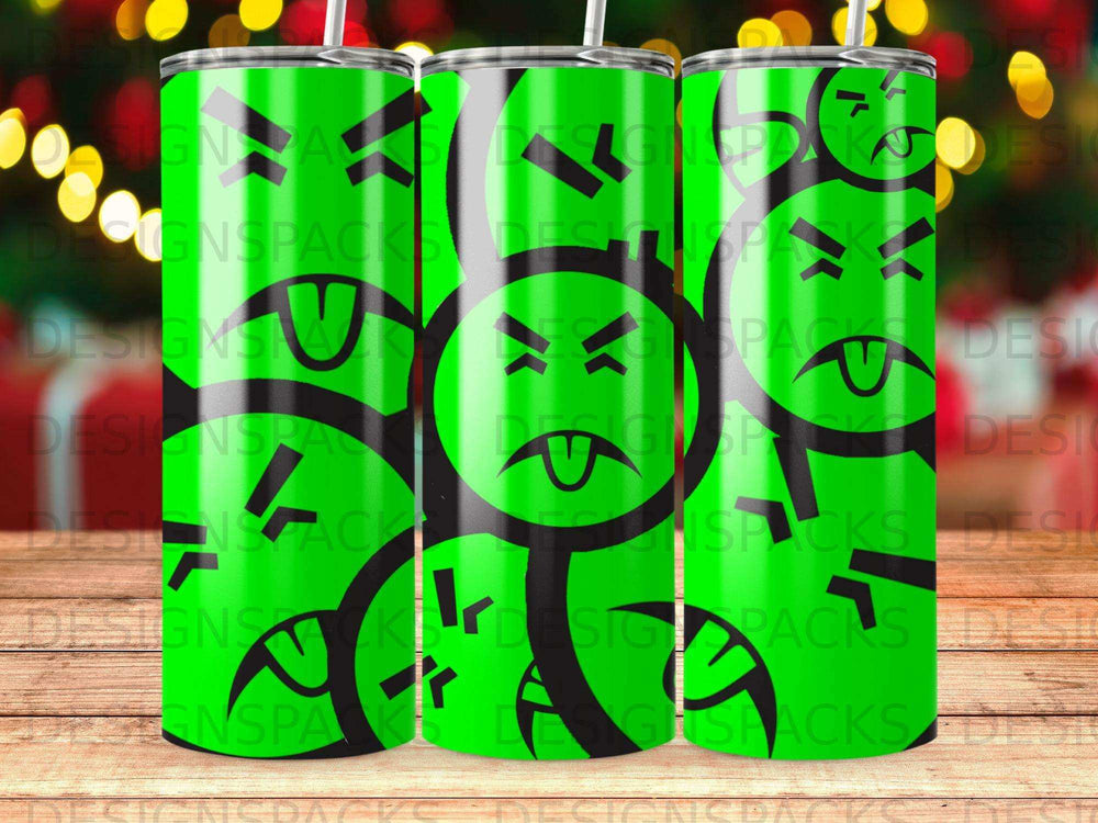 Green tumbler with cartoonish angry faces pattern.