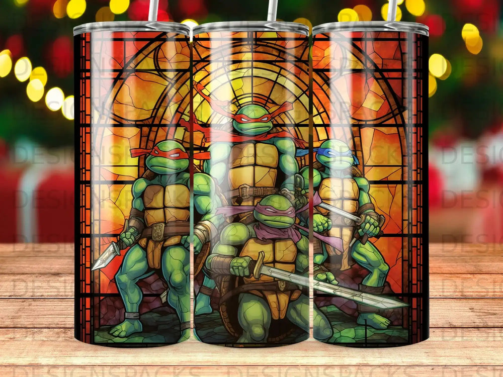Teenage Mutant Ninja Turtles in stained glass pattern, on a tumbler.