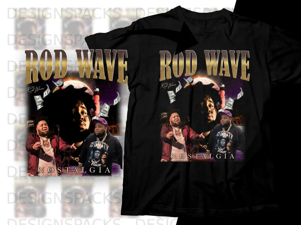 Rod Wave "Nostalgia Tour" graphic t-shirt with artist and money imagery.