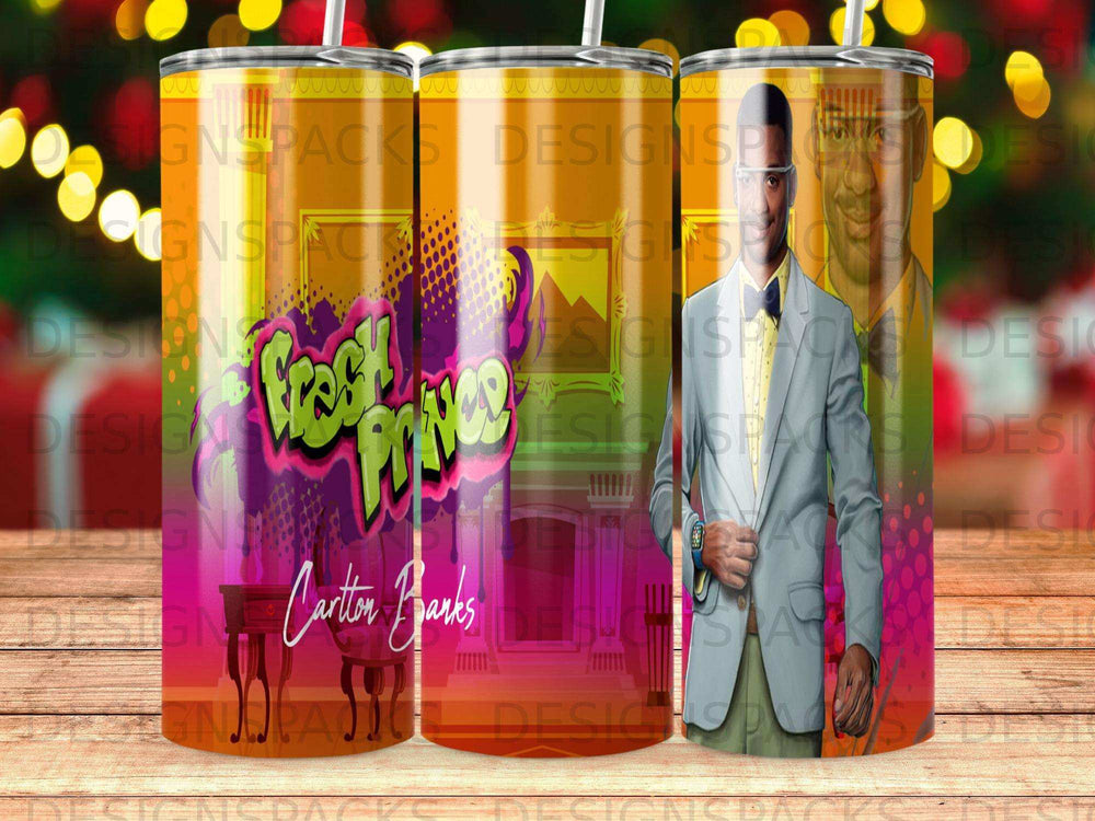 Tumbler with "Fresh Prince" logo and cartoon of Carlton Banks.