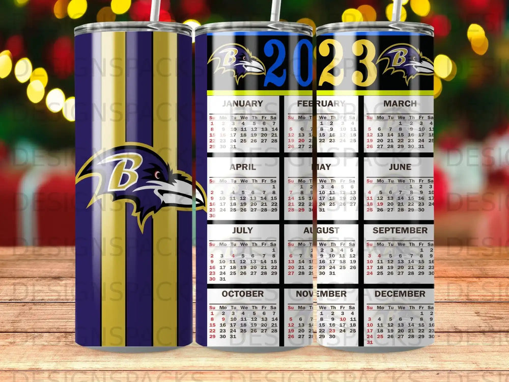 2023 calendar tumbler featuring Baltimore Ravens logo and purple and gold design.