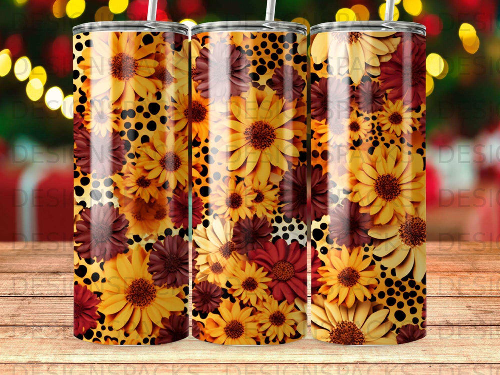 Tumbler with repeating floral and leopard print design.