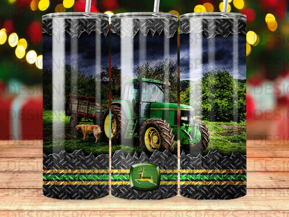Green John Deere tractor with dog in front of a field on a textured background.