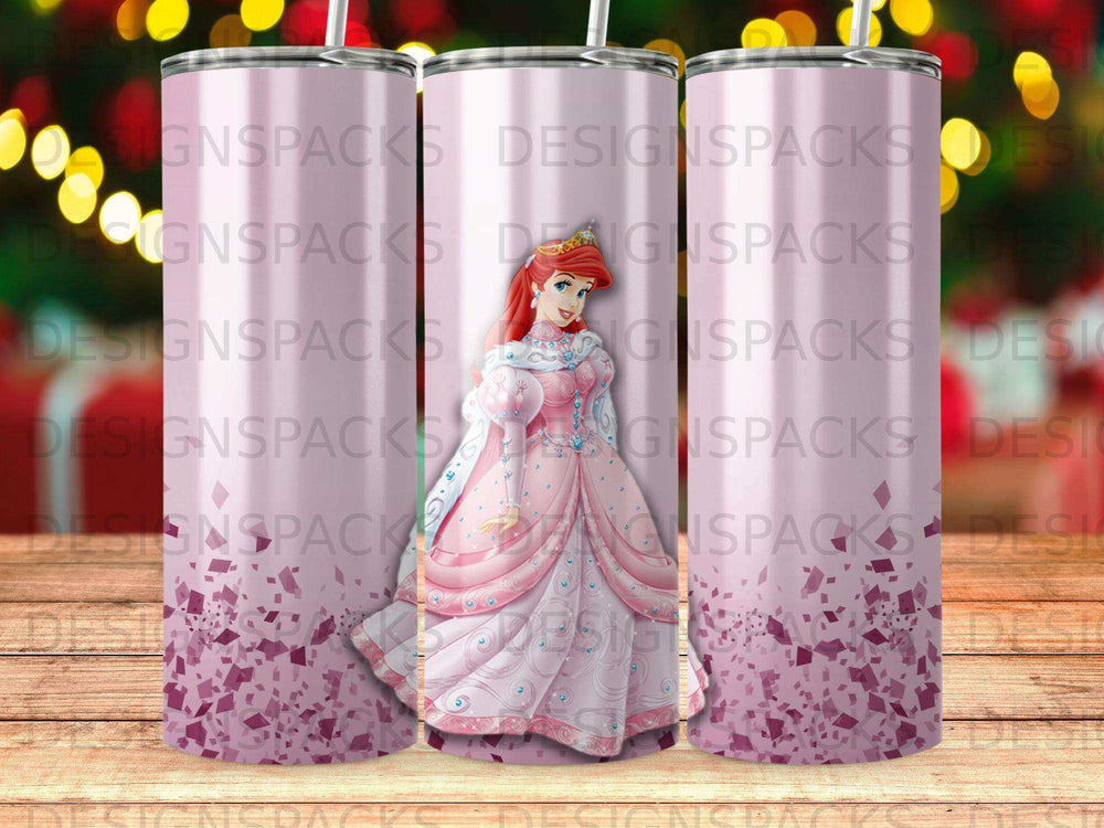 Pink tumbler with Princess Ariel, scattered pink glitter graphic.