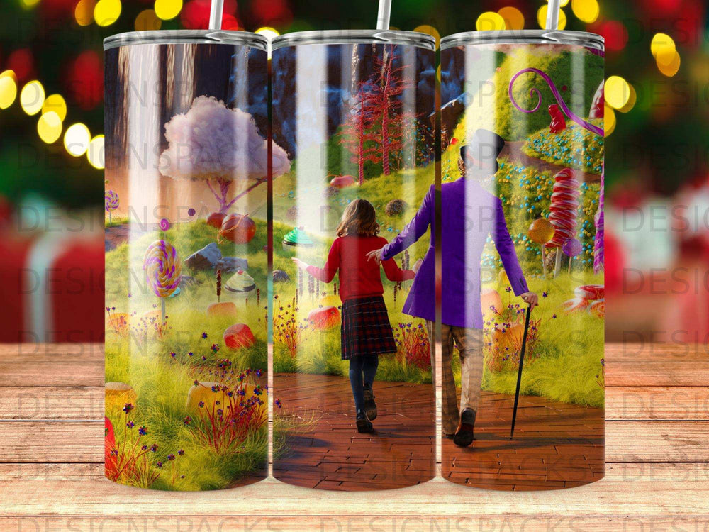 Fantasy candy land with two figures walking on a wooden path.