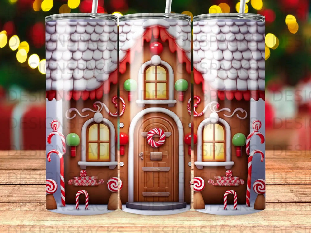 Gingerbread house with candy cane accents and frosted windows.
