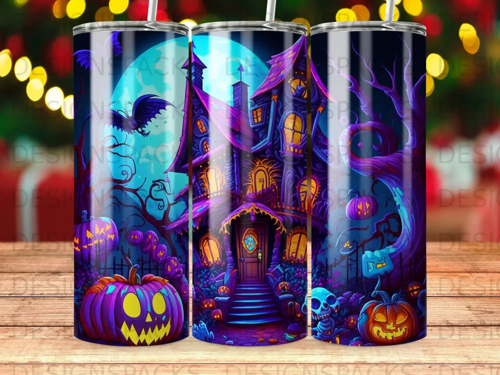 Purple Halloween house with pumpkins, bats, and a skeleton.
