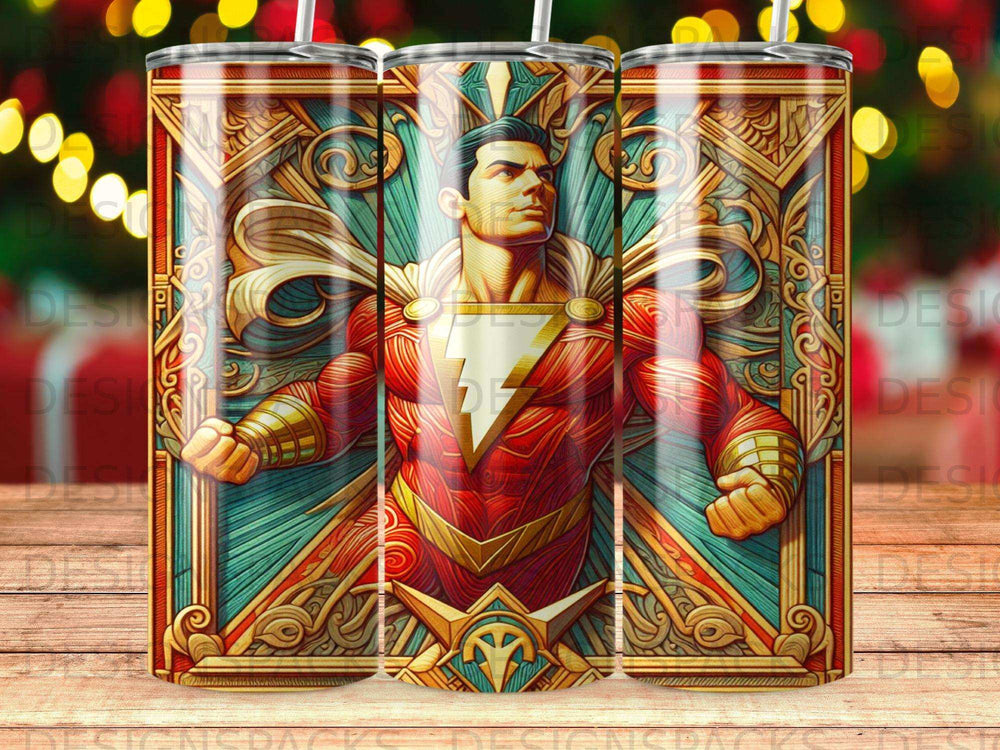 Shazam superhero in ornate red and gold costume, standing heroically.