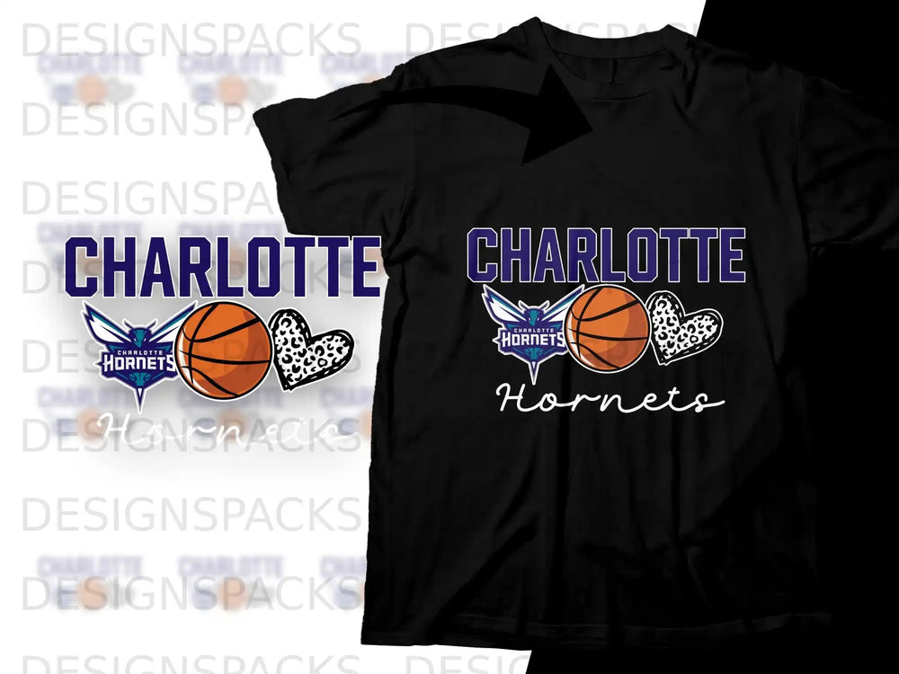Charlotte Hornets t-shirt with basketball and heart graphic.