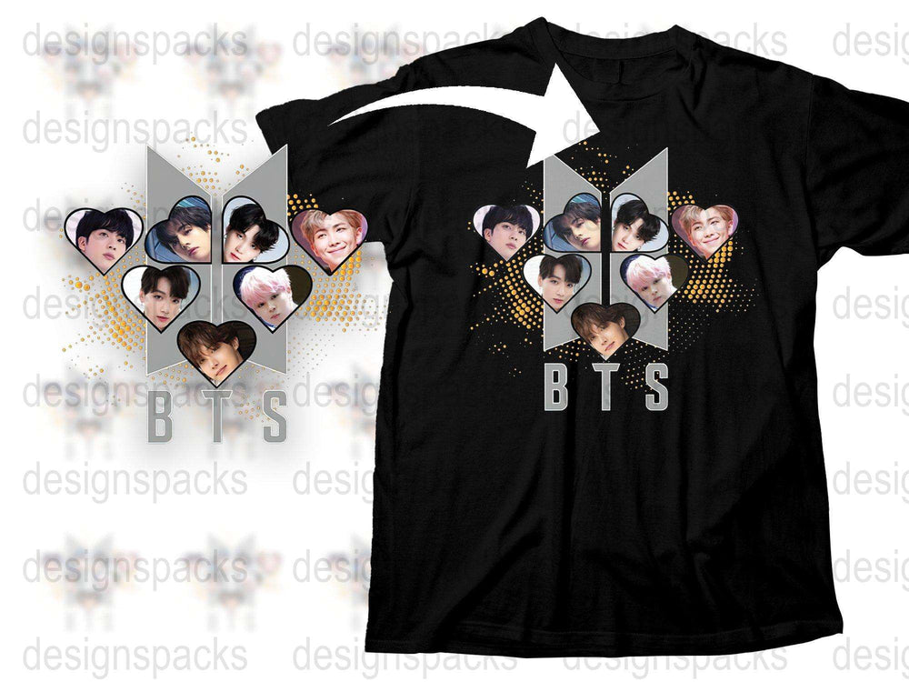 BTS Band T-Shirt, Black K-Pop Music Fan Tee, Heart Photo Collage, Unisex Pop Culture Merchandise