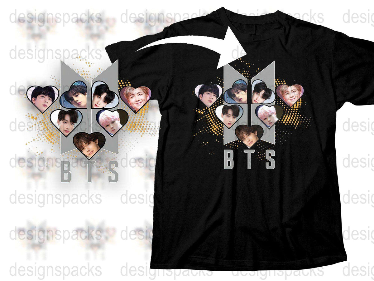 BTS Band T-Shirt, Black K-Pop Music Fan Tee, Heart Photo Collage, Unisex Pop Culture Merchandise