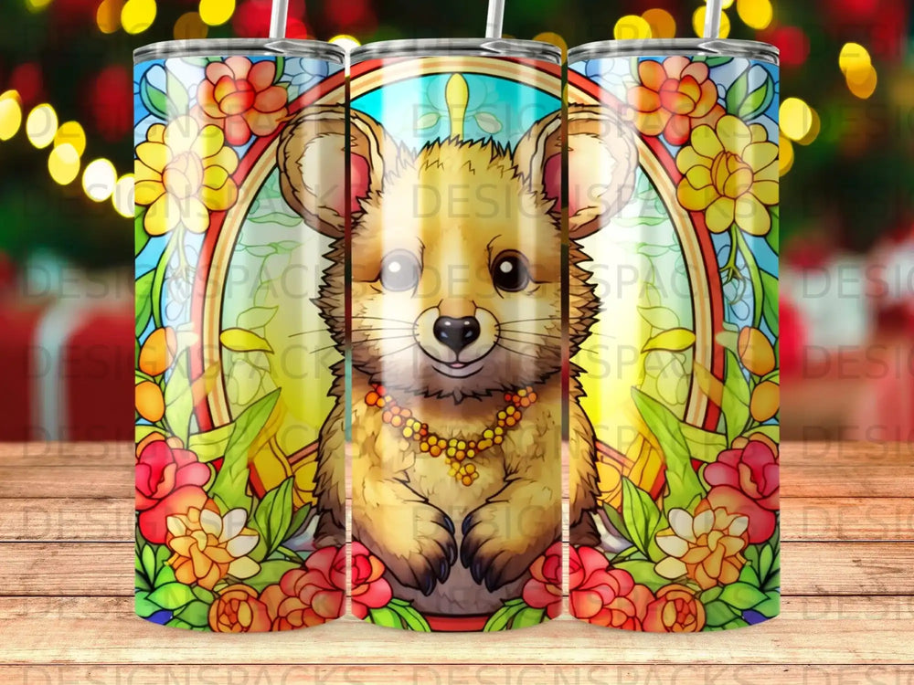 Cute rodent in stained glass style with floral border, wearing a beaded necklace.