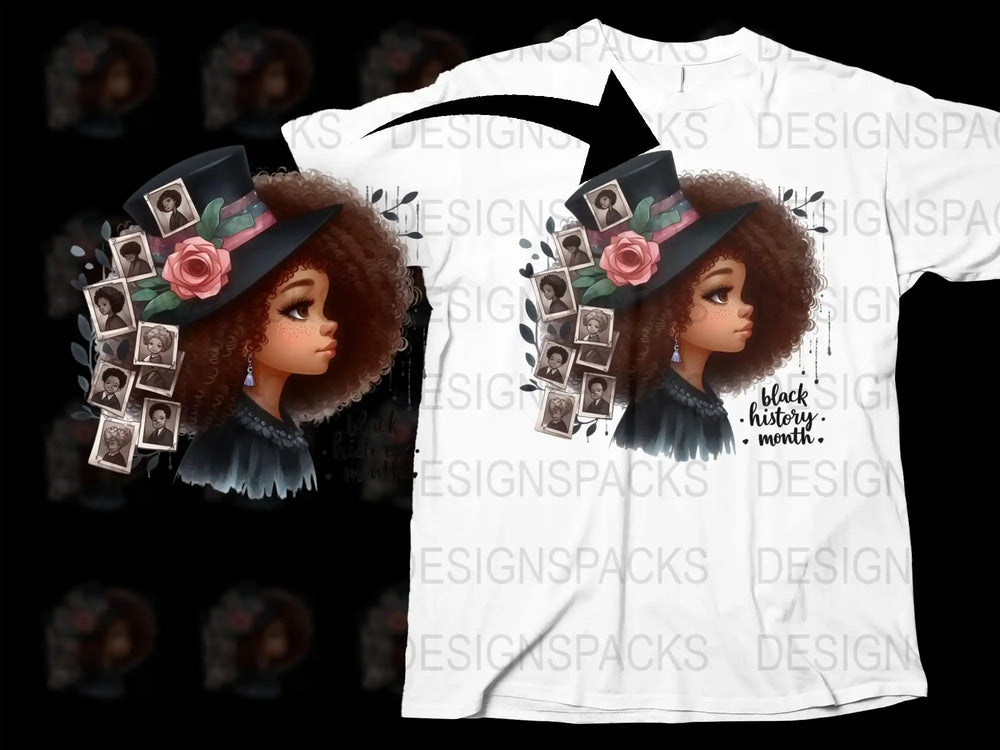 African American Girl T-Shirt, Floral Hat Design, Black History Month, Women's Fashion Tee